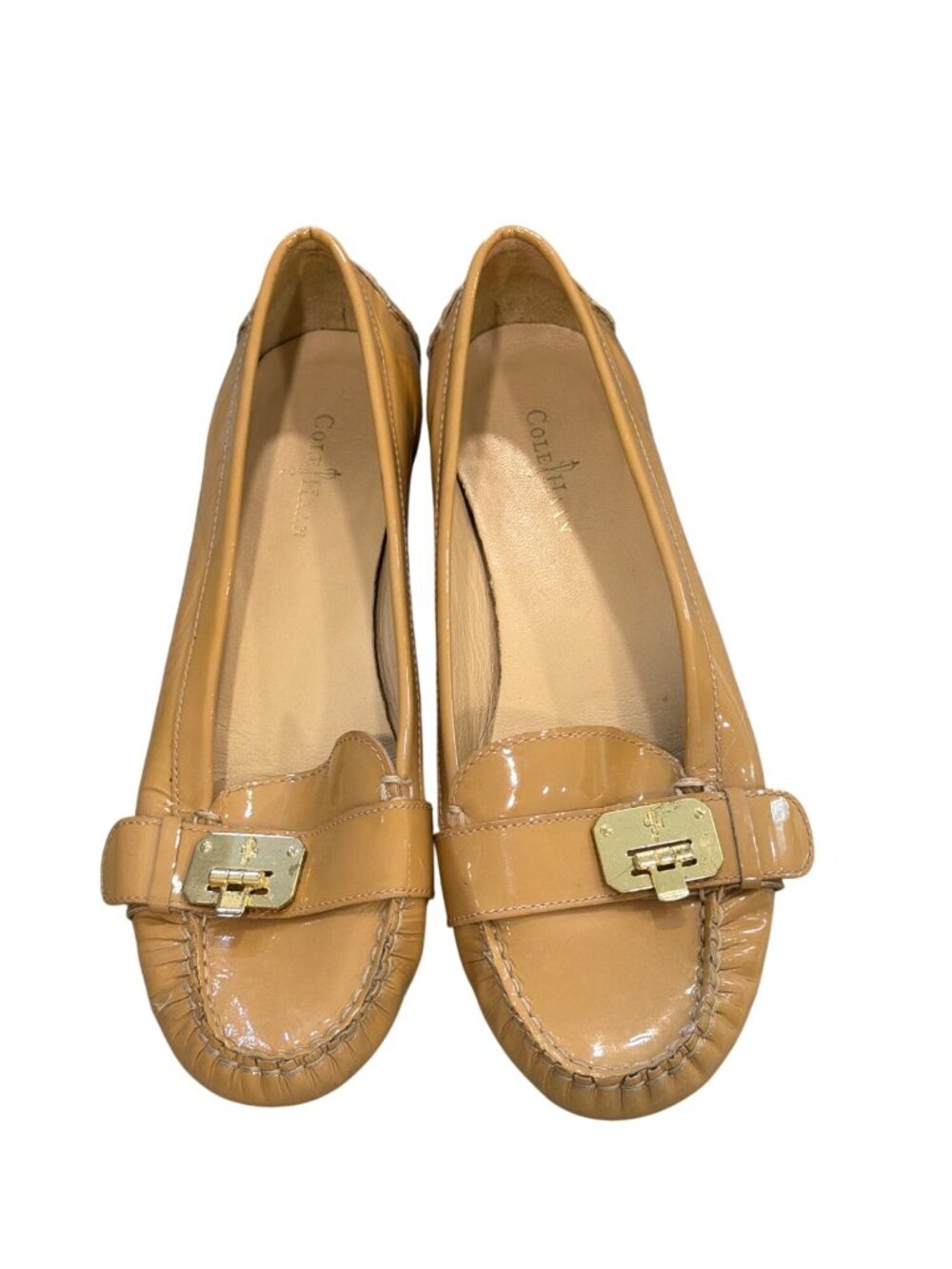 Cole Haan Womens Patent Leather Loafers Tan 8B Gold Hardware Slip-On Moccasins